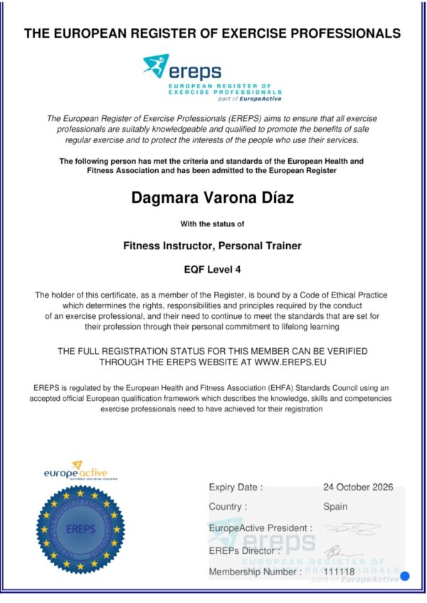 Certificacion oficial ereps.eu entrenamiento personal dentro de la comunidad Europea