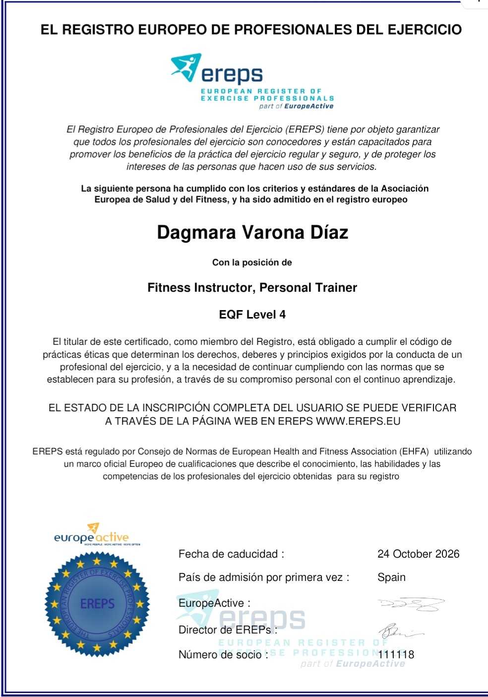 Coaching en Nutrición Certificacion oficial ereps.eu entrenamiento personal dentro de la comunidad Europea